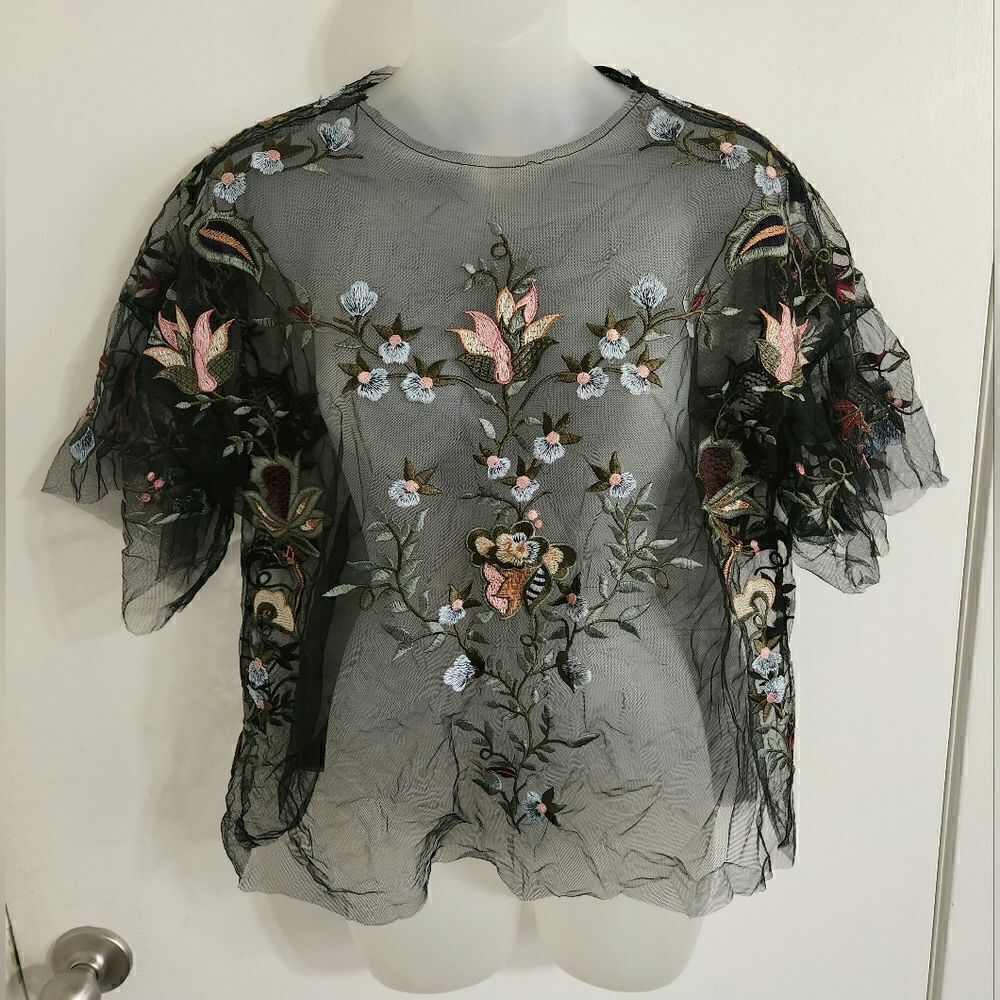 Zara Woman Black Floral Embroidered Tulle Blouse Womens Size Medium - Picture 8 of 12